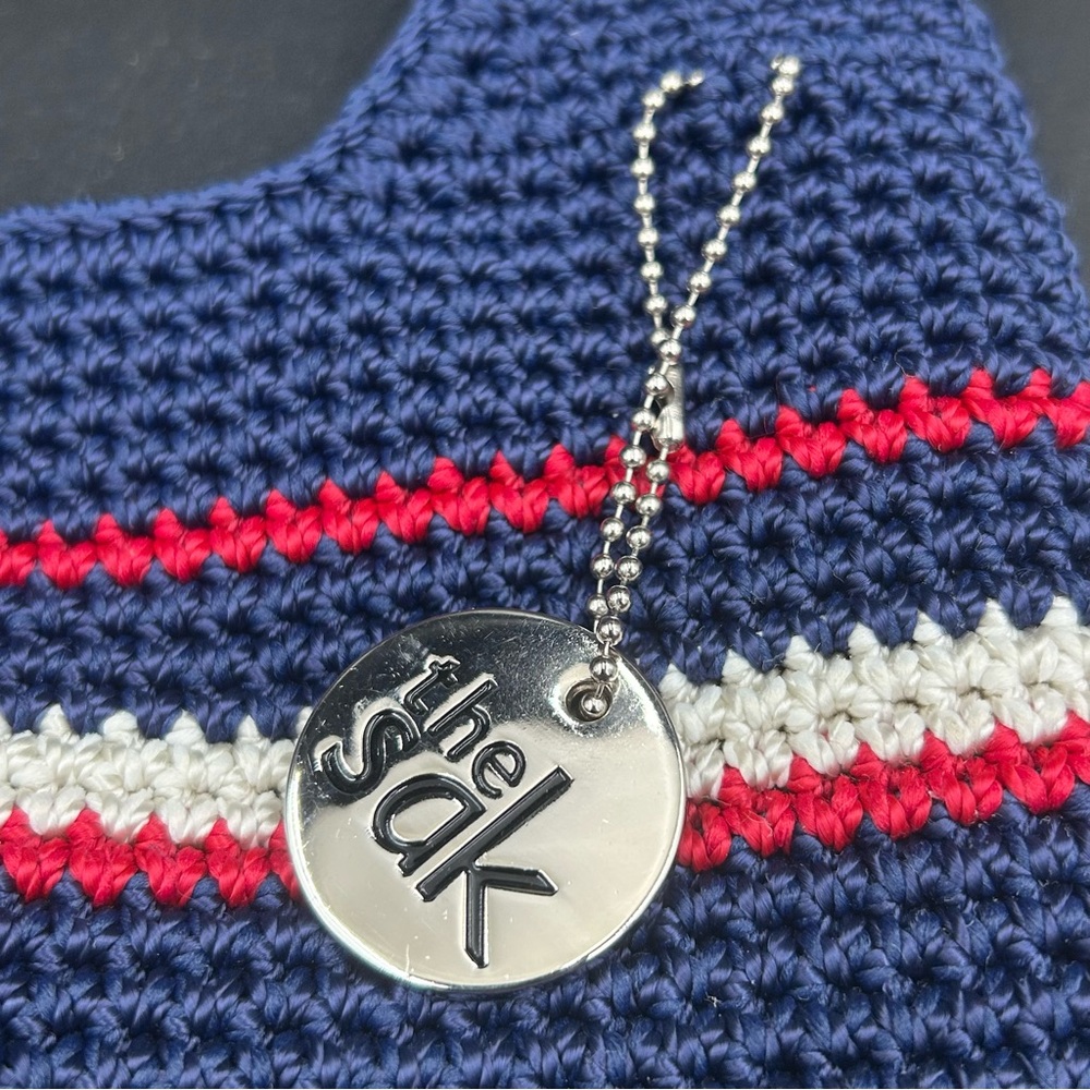 The Sak Hand Crocheted Navy Stripe Shoulder Bag Bali Made Lined Boho Casual - Picture 9 of 10